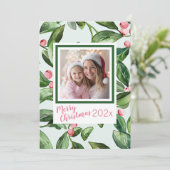Roze Mistletoe Foto Vrolijke Kerst Kaart (Staand voorkant)