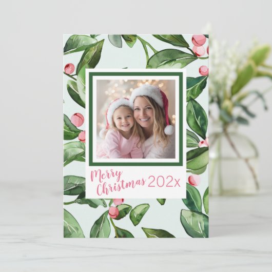 Roze Mistletoe Foto Vrolijke Kerst Kaart (Staand voorkant)