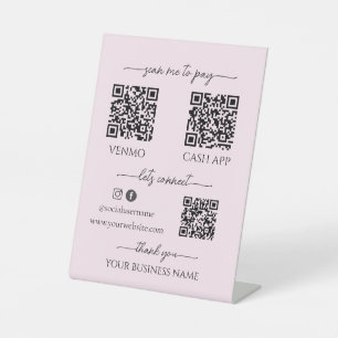 Roze mobiele kassa zakelijke qr-code tafel bovenst reclamebord met voetstuk