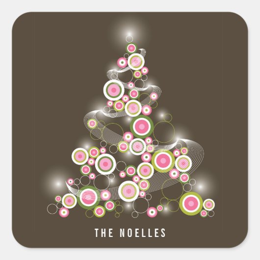 Roze Mod Kringen Glanzende Abstracte Kerstboom Vierkante Sticker (Voorkant)