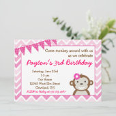 Roze Mod Monkey Birthday Party Invitation Kaart (Staand voorkant)