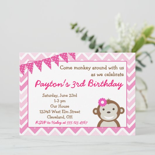 Roze Mod Monkey Birthday Party Invitation Kaart (Staand voorkant)