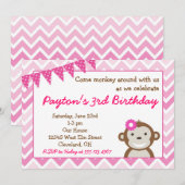 Roze Mod Monkey Birthday Party Invitation Kaart (Voorkant / Achterkant)