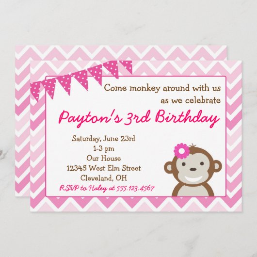 Roze Mod Monkey Birthday Party Invitation Kaart (Voorkant / Achterkant)