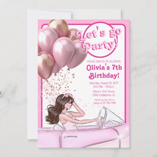 Roze Mode Doll Auto Verjaardagsfeestje Kaart (Voorkant)