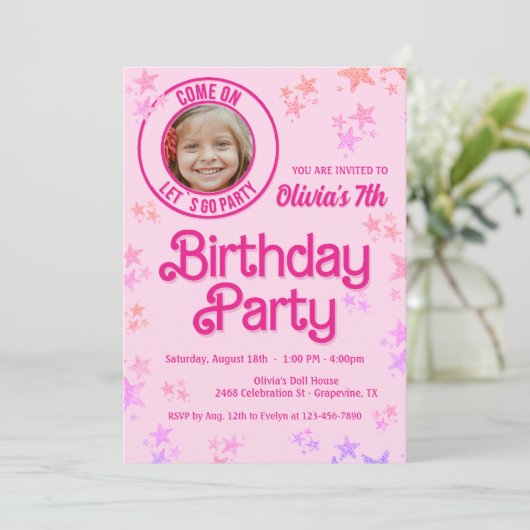 Roze Mode Doll Foto Verjaardagsfeestje Kaart (Staand voorkant)
