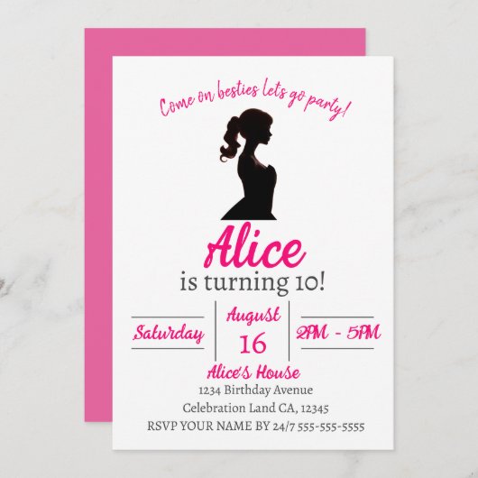 Roze Mode Doll Verjaardagsfeestuitnodiging Kaart (Voorkant / Achterkant)
