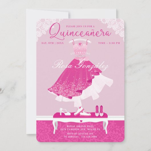 Roze Mode Dream Gown Garderobe Quinceanera Party Kaart (Voorkant)