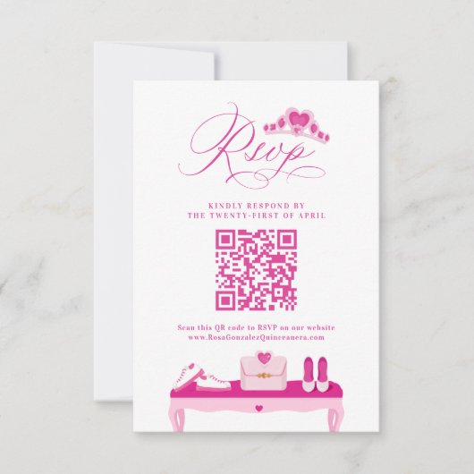 Roze Mode Dream Gown Quinceanera QR Code RSVP Kaartje (Voorkant)