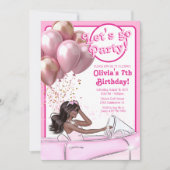 Roze Mode Melanin Doll Auto Verjaardagsfeestje Kaart (Voorkant)