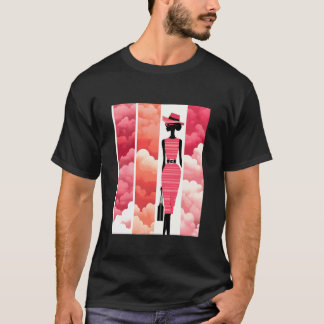 Roze modekunst met silhouet en retro wolken t-shirt