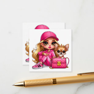 Roze modepop en puppy fleece deken informatiekaartje