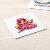 Roze modepop en puppy fleece deken kartonnen onderzetters (Schuin)