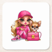 Roze modepop en puppy fleece deken kartonnen onderzetters (Voorkant)