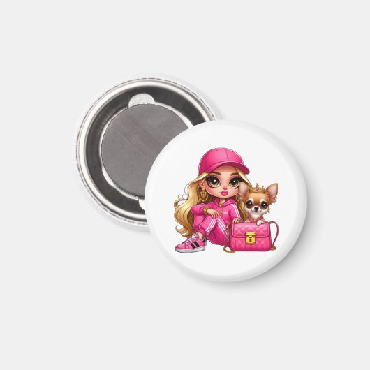 Roze modepop en puppy fleece deken magneet (Voorkant / Achterkant)