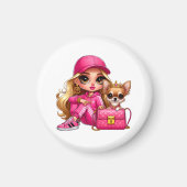 Roze modepop en puppy fleece deken magneet (Voorkant)