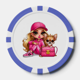 Roze modepop en puppy fleece deken poker chips