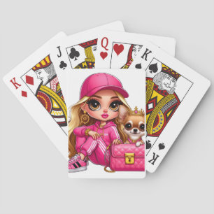 Roze modepop en puppy fleece deken pokerkaarten