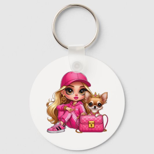 Roze modepop en puppy fleece deken sleutelhanger (Voorkant)