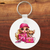 Roze modepop en puppy fleece deken sleutelhanger (Voorkant)