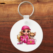 Roze modepop en puppy fleece deken sleutelhanger (Voorkant)