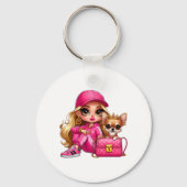 Roze modepop en puppy fleece deken sleutelhanger (Achterkant)