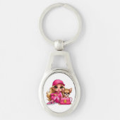 Roze modepop en puppy fleece deken sleutelhanger (Voorkant)