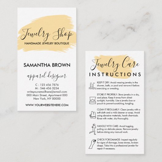 Roze Modern 5 Sieraden Care Instructies geel Visitekaartje (Voorkant / Achterkant)