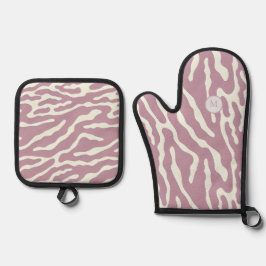 Roze modern abstract golflijnpatroon monogram ovenwant & pannenlap set