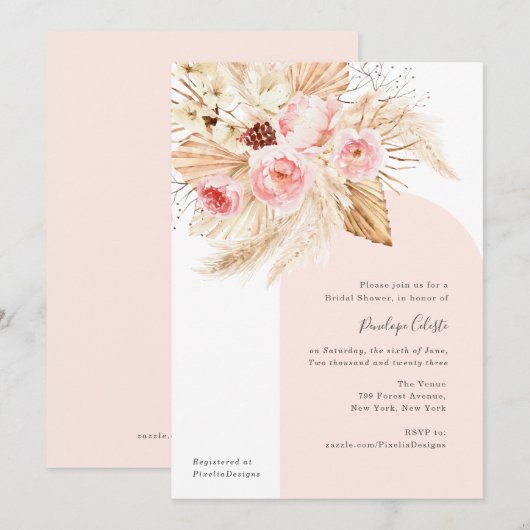 Roze Modern Arch Boho Floral Pampas Vrijgezellenfe Kaart (Voorkant / Achterkant)