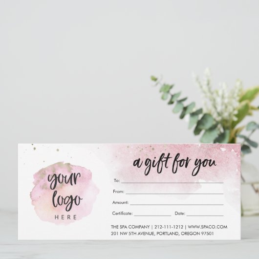 Roze modern bedrijfscadeaubon met Logo (Staand voorkant)