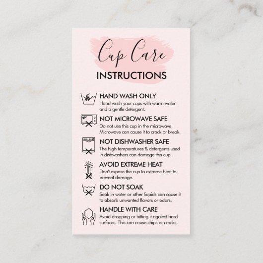 Roze Modern Cup Cares Instructies Visitekaartje (Achterkant)