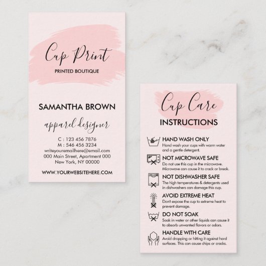 Roze Modern Cup Cares Instructies Visitekaartje (Voorkant / Achterkant)