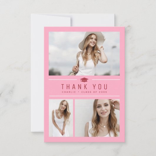 Roze Modern Eenvoudige Typografie 4 Foto Afstudere Bedankkaart (Voorkant)