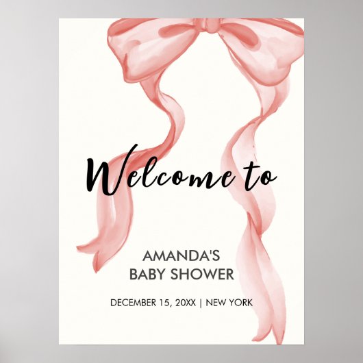 Roze Modern Elegant Bow Girl Baby shower Welkom Poster (Voorkant)