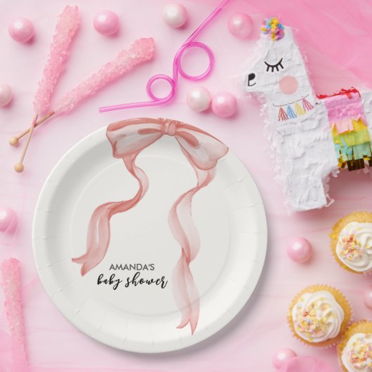 Roze Modern Elegant Bow Meisje Baby shower Papieren Bordje (Feest)