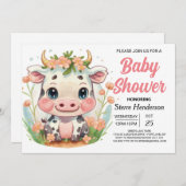 Roze Modern Elegant Koe Baby shower Kaart (Voorkant / Achterkant)