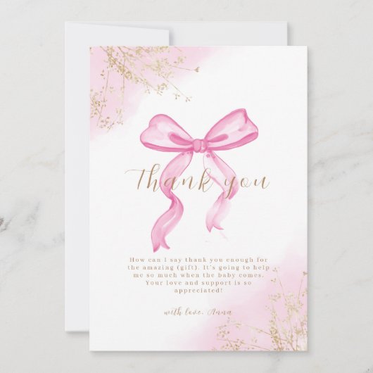 Roze Modern Elegant Waterverf Bow Baby shower Bedankkaart (Voorkant)