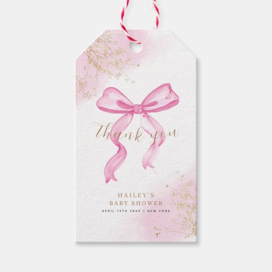 Roze Modern Elegant Waterverf Bow Baby shower Cadeaulabel (Voorkant)