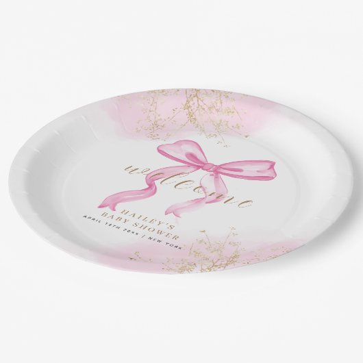 Roze Modern Elegant Waterverf Bow Baby shower Papieren Bordje (Gekanteld)