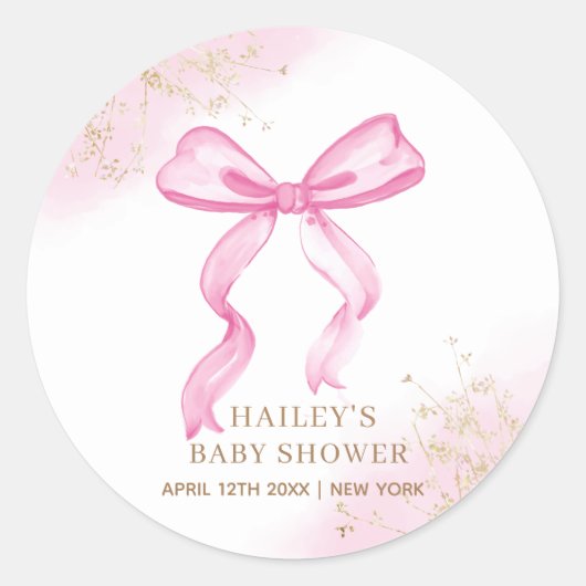 Roze Modern Elegant Waterverf Bow Baby shower Ronde Sticker (Voorkant)