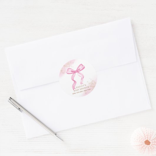 Roze Modern Elegant Waterverf Bow Baby shower Ronde Sticker (Envelop)
