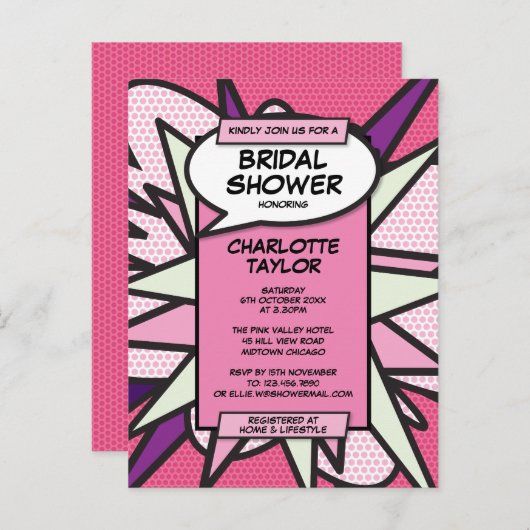 Roze Modern Fun Vrijgezellenfeest stripboek Uitnodiging Briefkaart (Voorkant / Achterkant)