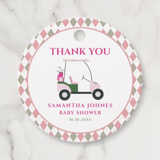 Roze Modern Golf Baby shower Bedankjes Labels (Voorkant)