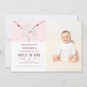 Roze Modern Hole in One Party golf verjaardag Foto Kaart (Voorkant)