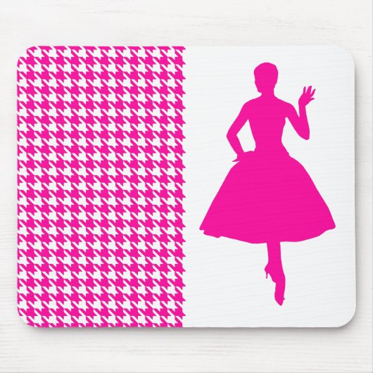 Roze Modern Houndstooth met Mode Silhouette Muismat (Voorkant)