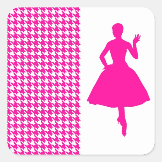 Roze Modern Houndstooth met Mode Silhouette Vierkante Sticker (Voorkant)