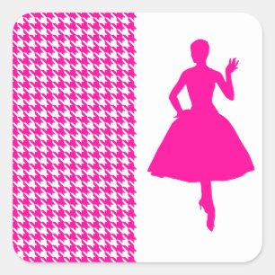 Roze Modern Houndstooth met Mode Silhouette Vierkante Sticker