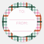 Roze Modern Kerstmis naar Gingham Ronde Sticker (Voorkant)