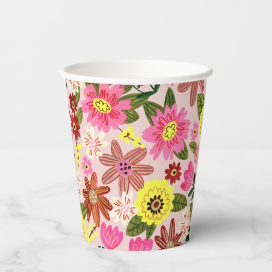 Roze modern madeliefje bloemenveer patroon papieren bekers (Achterkant)